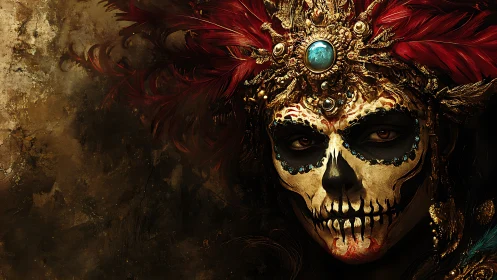 Gilded skull queen crowned in crimson ritual splendor.