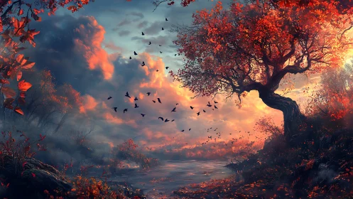 Autumn river valley under volumetric sky and silhouetted bird flock