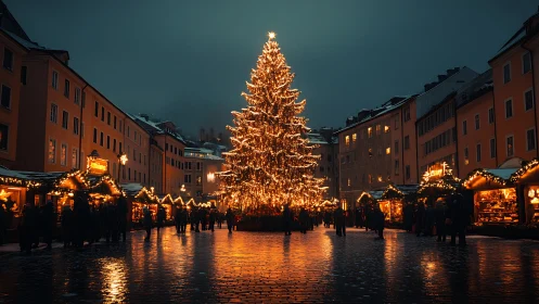 Large city square Christmas tree with night market lights.