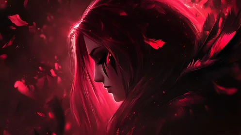 Brooding red haired heroine in a storm of glowing petals.