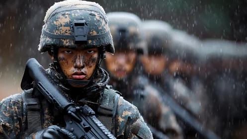 Soldier in camouflage gear leading formation in heavy rain.