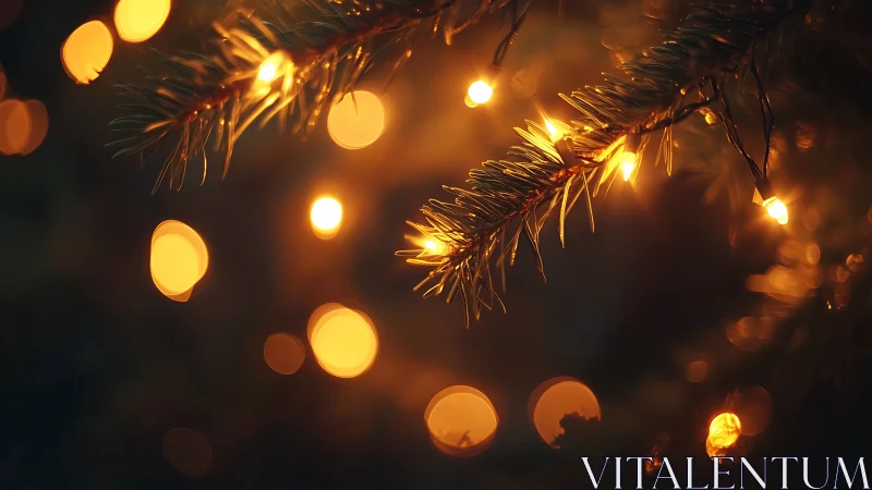 Fir needles cradle golden bokeh lights in winter hush.