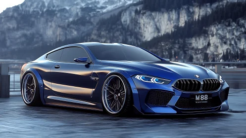 Blue performance coupe parked by mountain lakeside road.