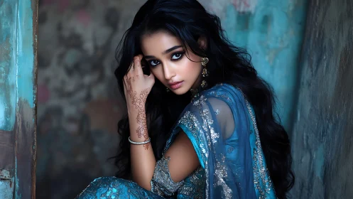 Elegant woman in blue saree with henna, cinematic portrait style.