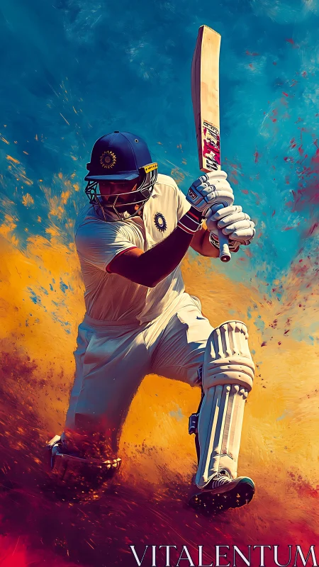 Dynamic cricket batsman in a burst of color and energy.