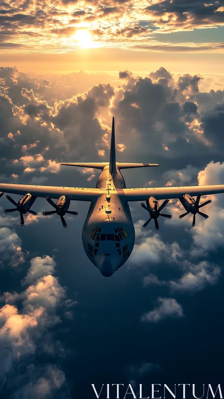 Sunlit propeller aircraft glides calmly above glowing clouds