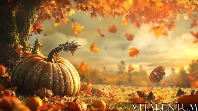 Large pumpkin lies under autumn tree among falling leaves