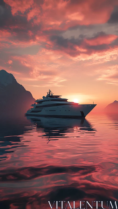 Luxury yacht glides through a molten pink sunset seascape