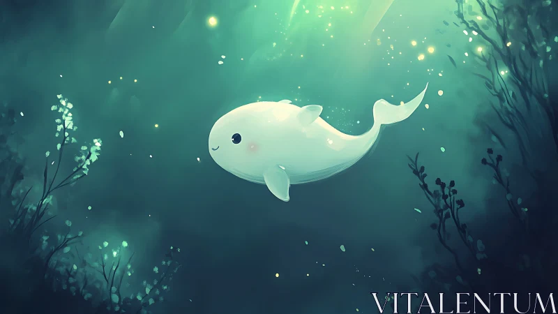 Cute white cartoon whale swims through glowing teal water