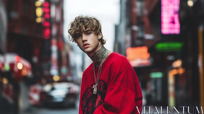 Brooding street portrait captures urban neon energy at dusk