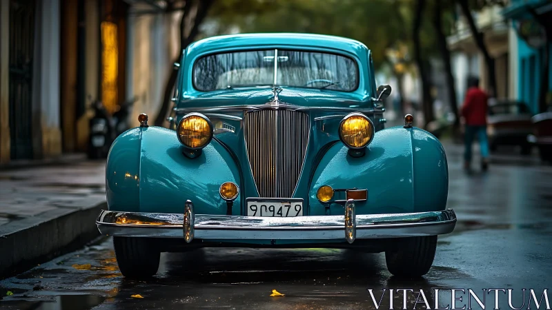 Vintage teal sedan stands parked on a wet city street