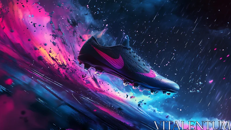 Dynamic neon football boot suspended in electric rain.