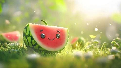 Cartoon watermelon slice with face on grass in sunlight.