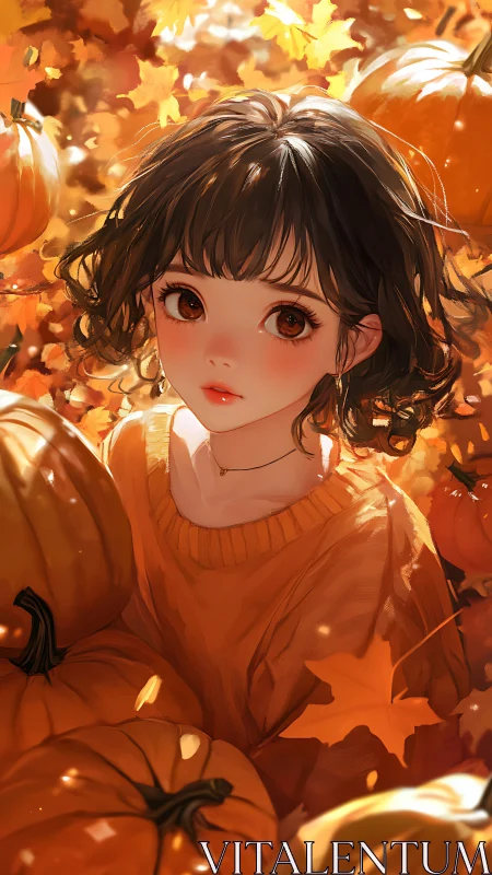 Autumn anime portrait integrates warm bokeh lighting and pumpkins