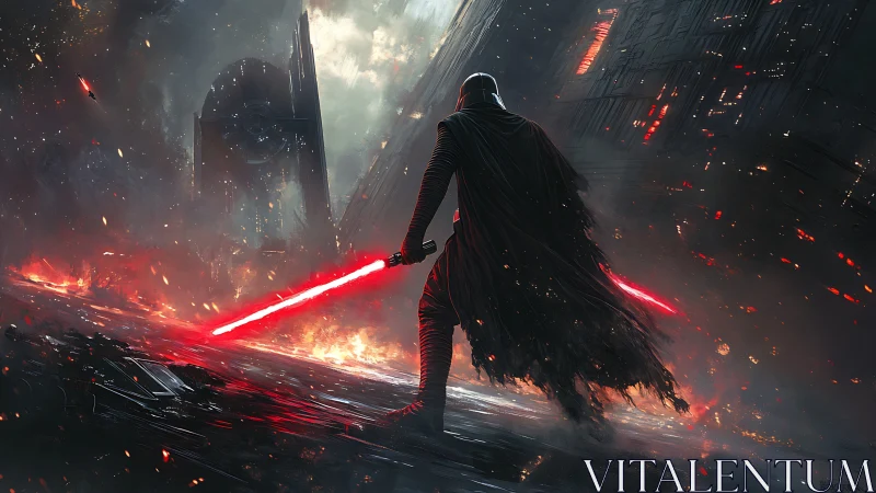 Sith warrior ignites twin red blades on burning starship deck