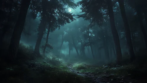 Moonlit Forest Stream at Night.