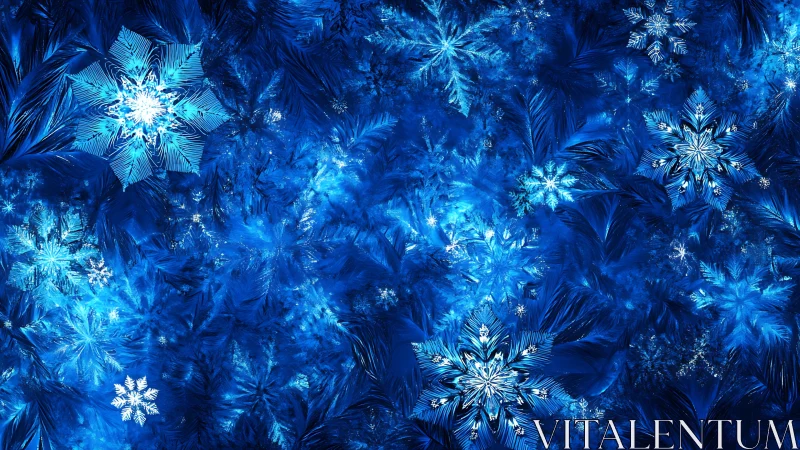 Luminous crystalline snowflakes shimmer over deep blue frost.