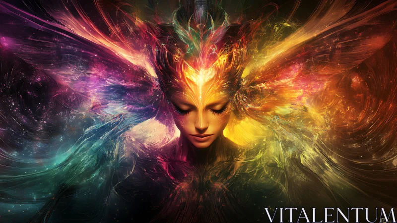 Digital painting of prismatic astral muse in radial symmetry.