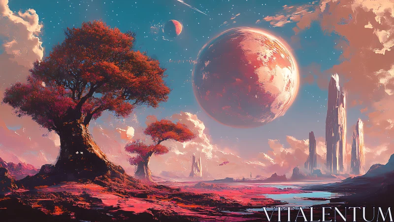 Alien landscape with red trees and large looming planet.
