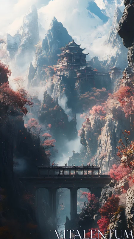 Misty mountain temples and a quiet bridge between worlds.