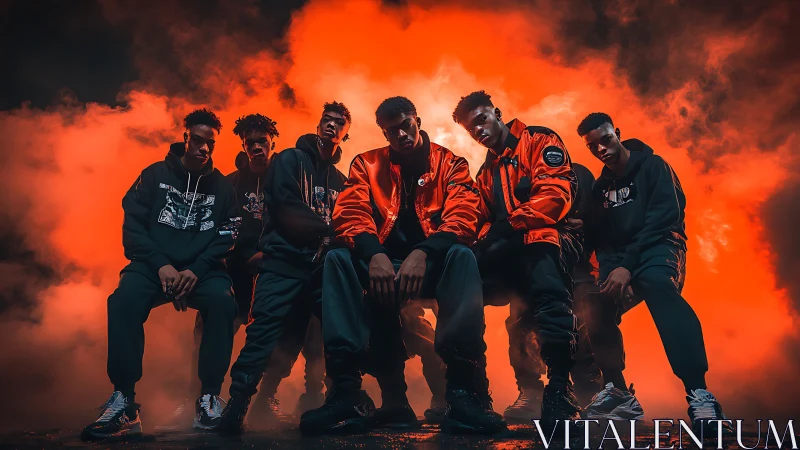 Cinematic street collective in red backlit atmospheric haze.