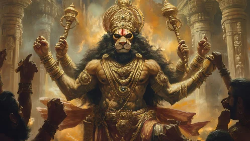 Lion-headed warrior deity dominates blazing temple sanctum.