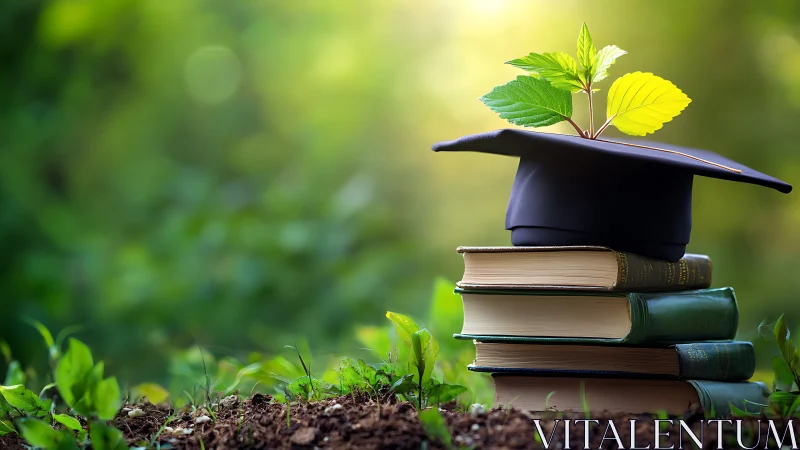 Graduation cap and books with seedling in nature, inspirational style.