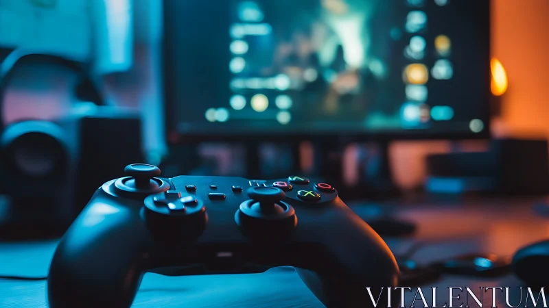 Game controller close-up under neon ambient desktop glow.