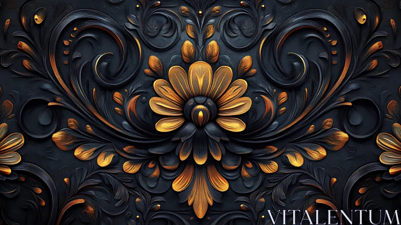 Ornate 3D floral relief with gold leaf petals on dark ground