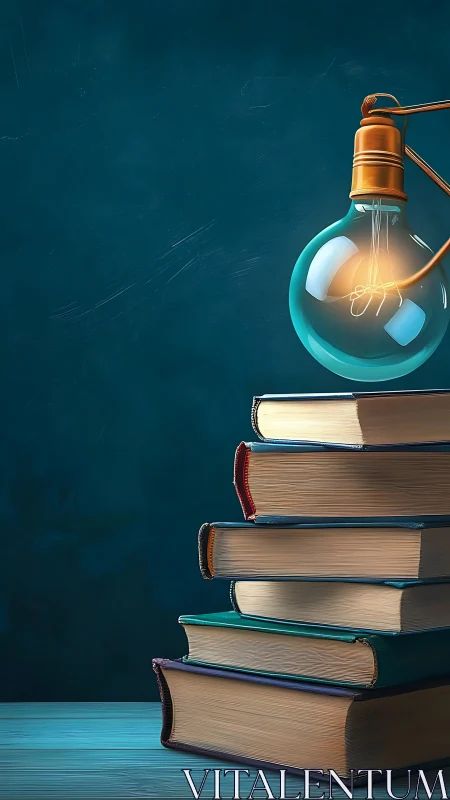 Stacked vintage books under teal glass bulb illumination.