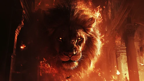 Burning lion head emerges in a cathedral of collapsing fire