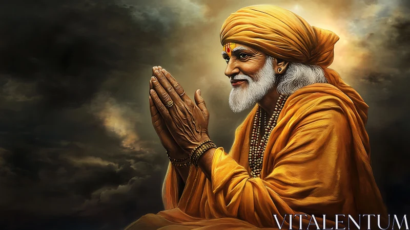 Elderly spiritual man in saffron robes with folded hands.