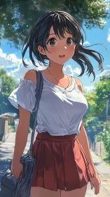 Sunny day stroll with a cheerful girl in a city street.
