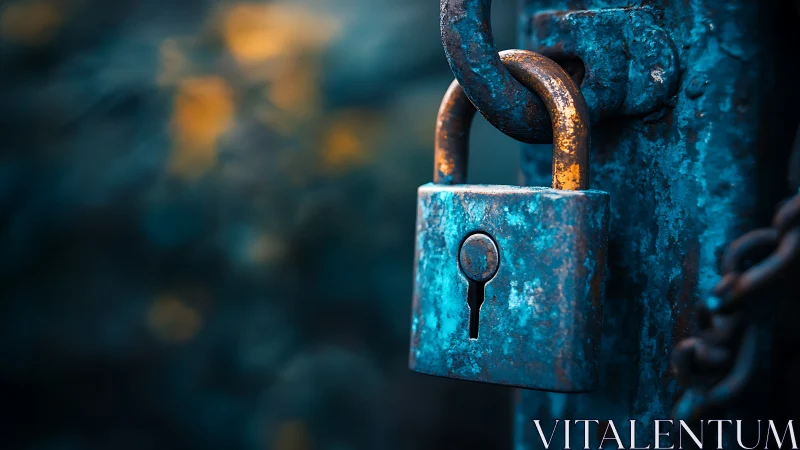 Weathered teal padlock guarding secrets in cold bokeh dusk.