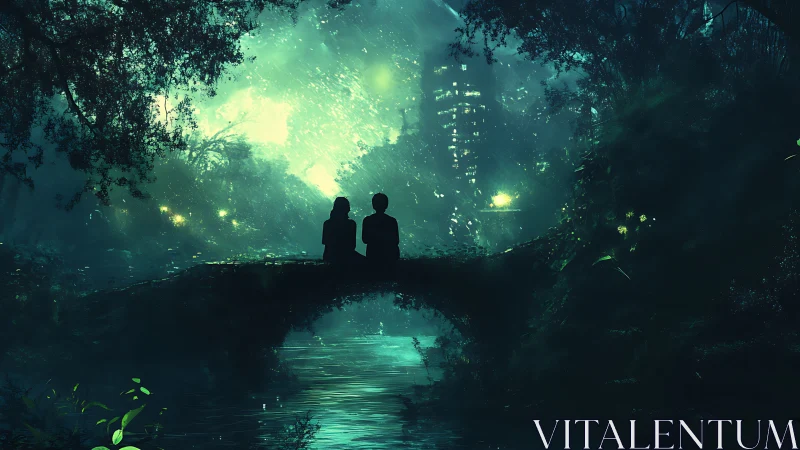 Two Souls Upon Luminescent Bridge in Enchanted Forest.