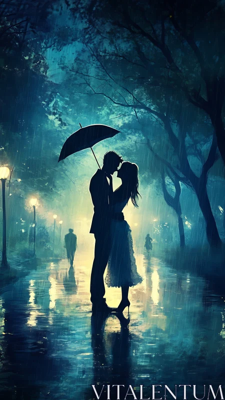 Silhouetted Couple Sheltering Beneath Umbrella in Nocturnal Urban Downpour.