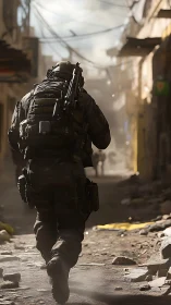 Soldier advances through sunlit war-torn alleyway cautiously.