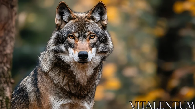 Calm forest wolf gazing softly through autumn light.