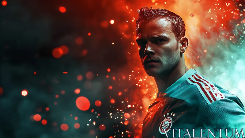 Focused footballer surrounded by glowing matchday energy.