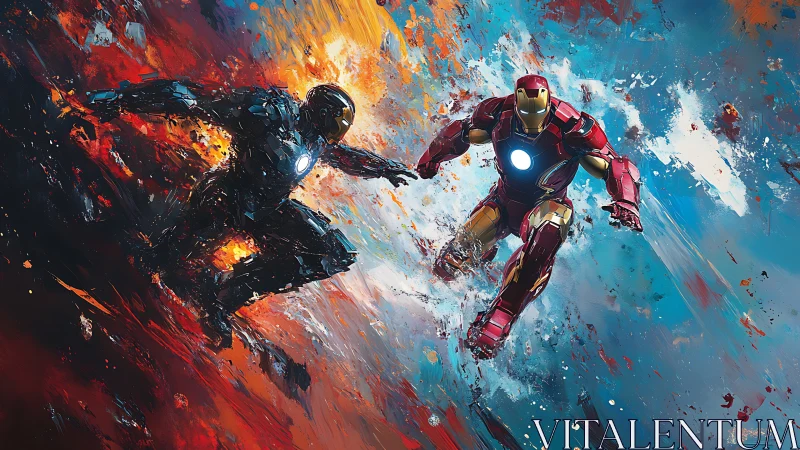 Dual armored figures clash amid explosive abstract energy fields