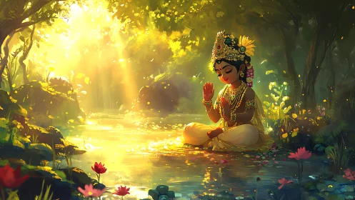Luminous forest meditation with jeweled child deity by stream.