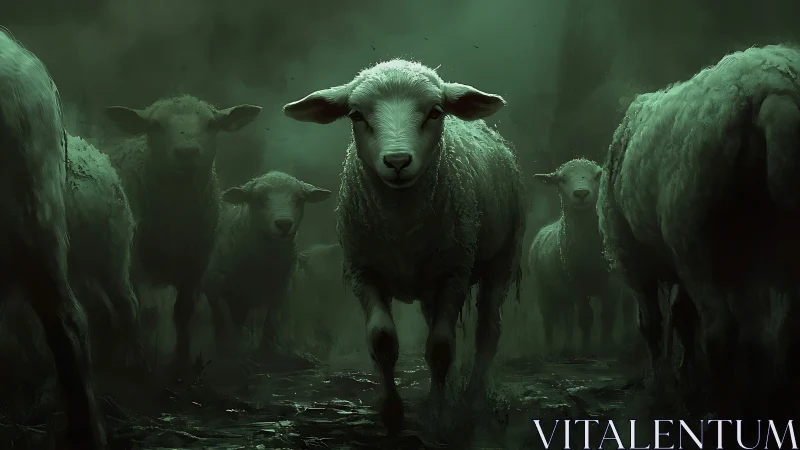 Sheep stand in dense green fog with one central figure