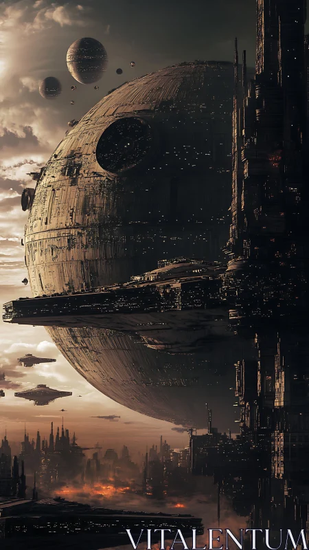 Orbital megastructure eclipsing stratified dystopian cityscape.