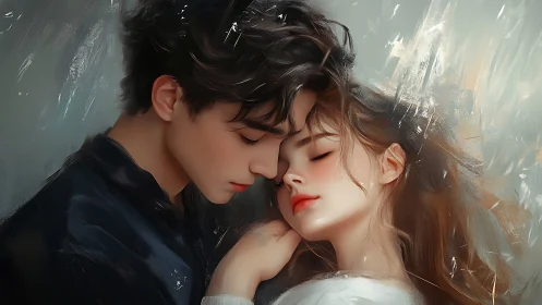 Digital portrait rendering of two figures in intimate proximity with luminous atmospheric effects.