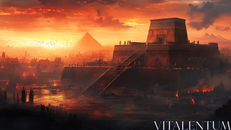 Sunken temple citadel smoldering beneath a bloodred dusk.