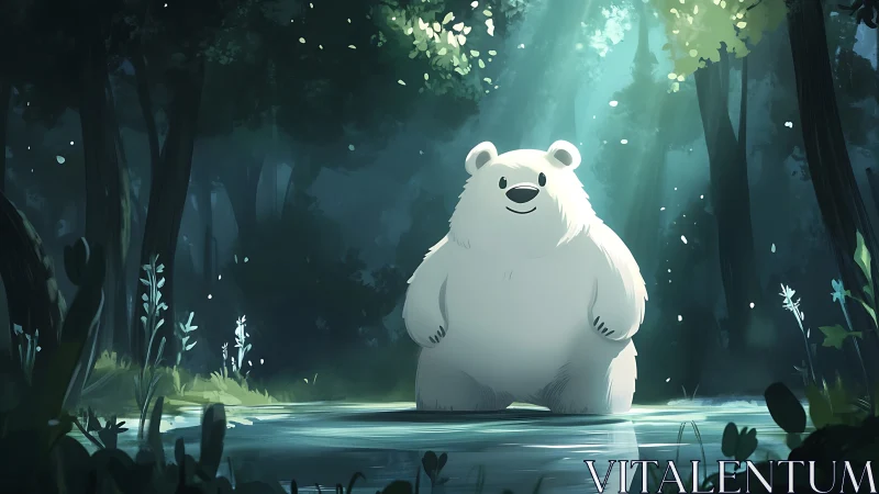 Smiling white bear in sunlit forest pond centerpiece