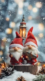 Snowy Christmas gnomes stand beneath glowing lantern light.