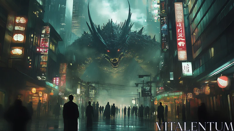 Giant reptilian creature advancing through neon city street.