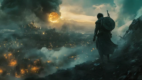 Lone warrior overlooking burning fantasy city at dusk.
