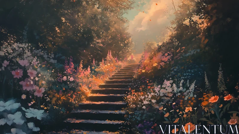 Luminous Garden Pathway: Ethereal Digital Landscape With Golden Hour Lighting